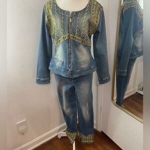 Rare Tesoro Moda Stylish Blue Denim Jacket and denim Jean set with Gold Details